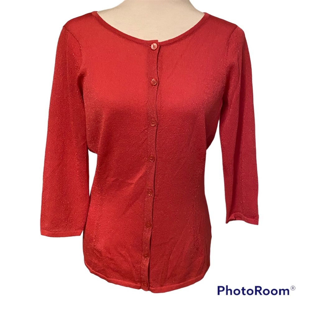 DONCASTER SWEATER CARDIGAN LIGHTWEIGHT RED PINK STRETCH BUTTONS 3/4 SLEEVE S